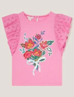 MONSOON Pure Cotton Bouquet Broderie Frill Top (3-13 Yrs)