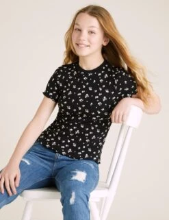 Cotton Rich Floral Print Ribbed T-shirt (6-16 Yrs)