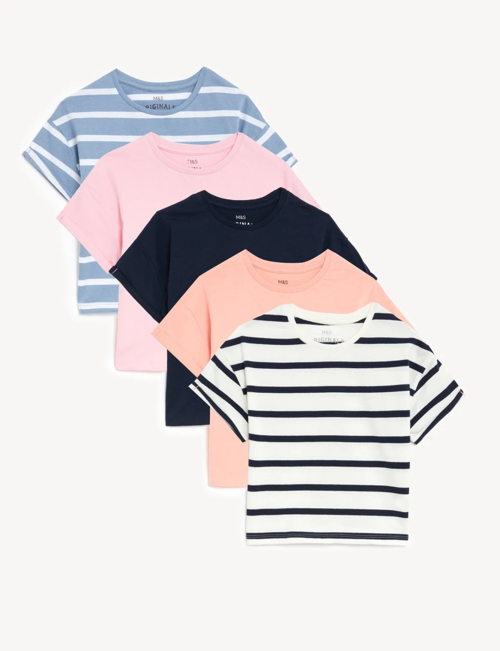 5pk Pure Cotton Plain & Striped Tops (2-8 Yrs) 3 5pk Pure Cotton Plain & Striped Tops (2-8 Yrs)