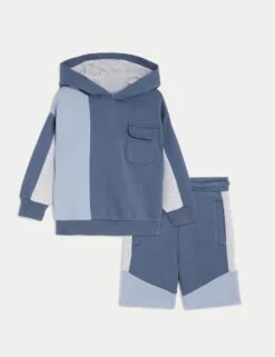 Cotton Rich Colour Block Hoodie & Shorts Set (2-8 Yrs)