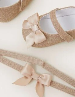 MONSOON Baby Glitter Ballet Pumps & Headband (0-18 Mths) 8 MONSOON Baby Glitter Ballet Pumps & Headband (0-18 Mths) -School Uniform Store baby glitter ballet pumps and headband 0 18 mths